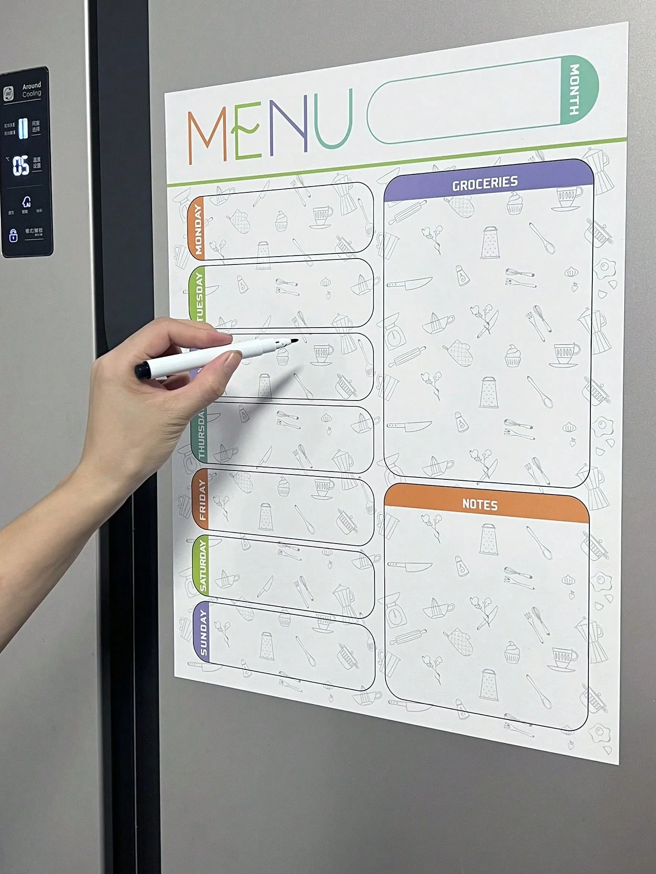 A refrigerator magnet message board with erasable notes, reminder boards, convenience notes, and notes