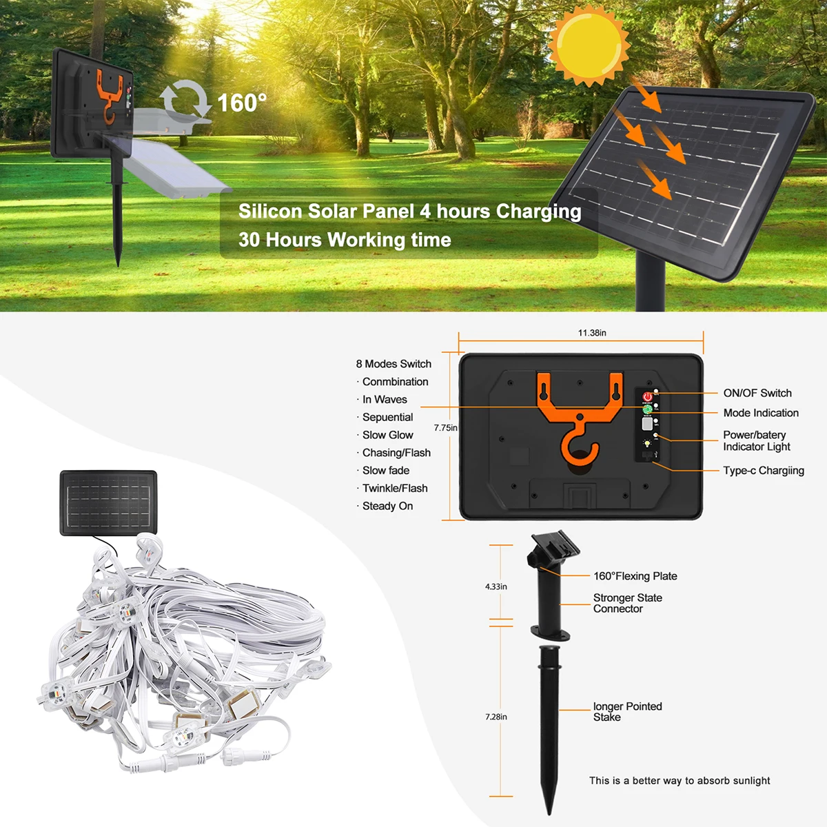 Solar Eaves Light Outdoor Decor String Lights 24 Key Bluetooth Power Kit Garden Party Yard Christmas Decoration Garlands 15M-60M
