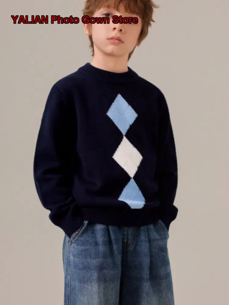 Boys Knit Polo Collar Sweater 2025 Autumn Winter Ribbed Cable Knit Contrasting Colors Diamond Pattern High Neck