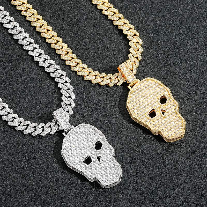 

Ожерелья с подвесками в виде большого черепа в стиле хип-хоп, инкрустированные камнями CZ 5A+, для мужчин, рэперские украшения, золотистого и серебристого цвета