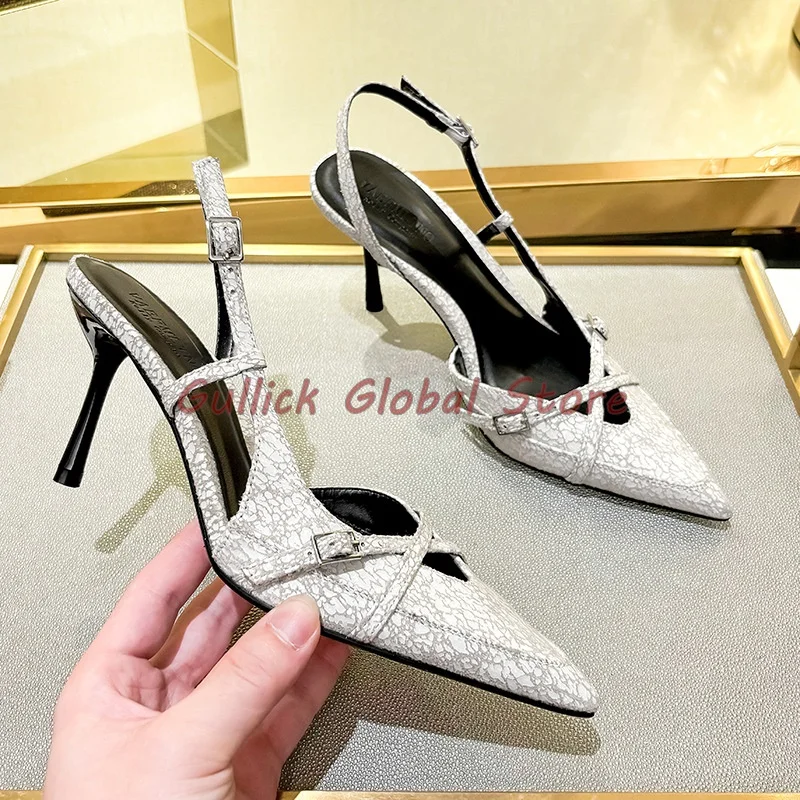 2024 New Arrival Pointed Toe Buckle Cross Tied Shallow Wrapped Toe Slingback Stiletto Sandals Summer Dress Elegant Career Grace