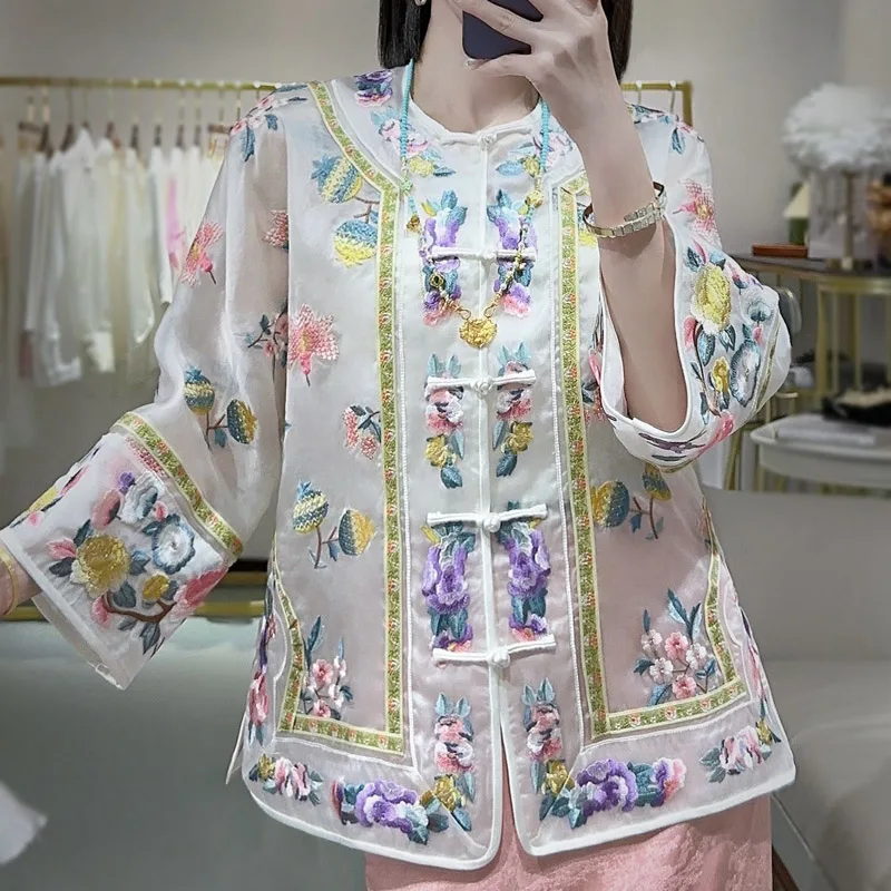 

High-end Summer Jacket Top Chinese Tang Attire Retro Embroidery Elegant Lady Silk Organza Blouse Female S-XXL