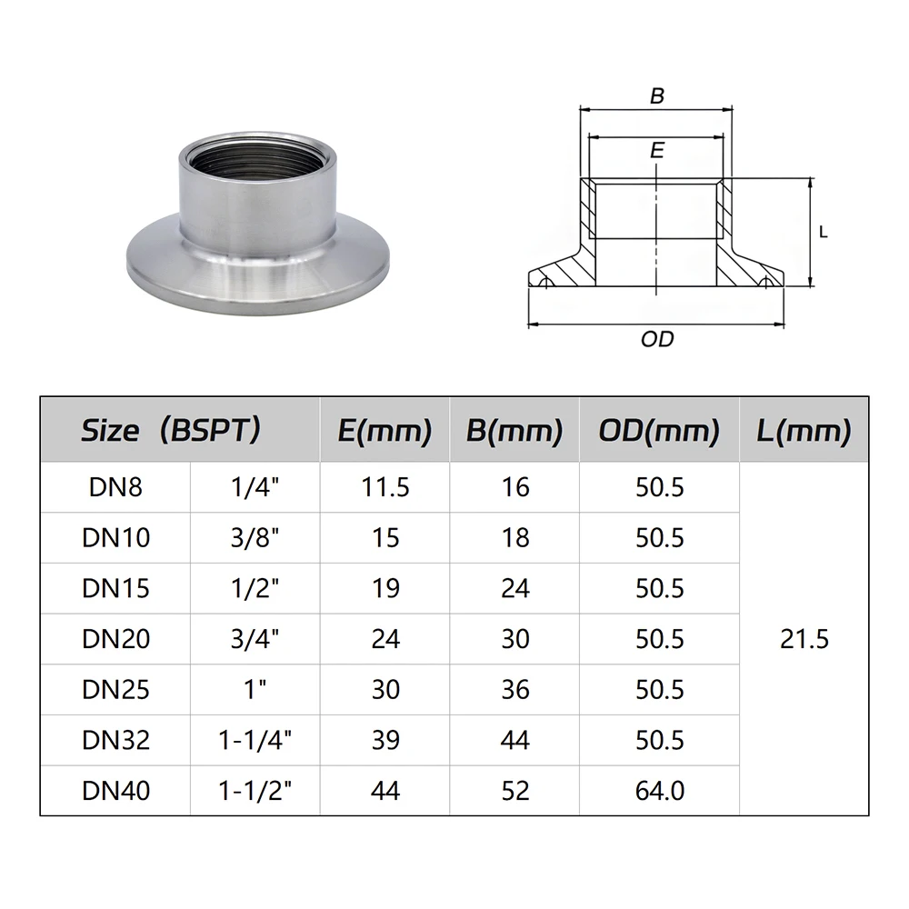Tri Clamp BSPT Internal Thread Short Joint - SS304 Food Grade Leak-Proof for 1/4\