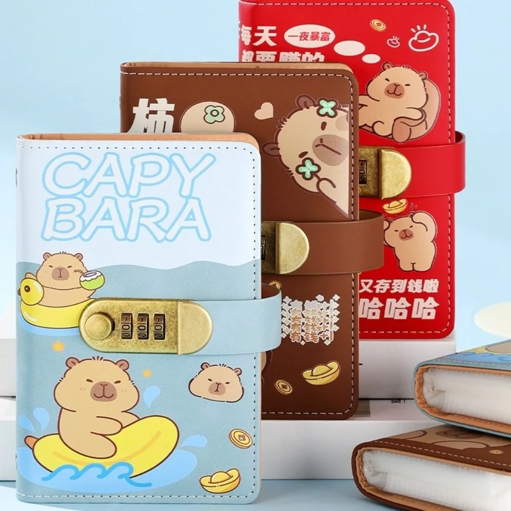Cartoon Capybara Saving Money Binder PU Leather 100 Sheets Budget Binder with Lock with Password Lock Cash Envelopes