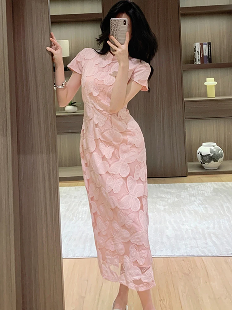 Vrouwen roze jacquard uitgehold korte mouw jurk zomer elegante casual vakantie lange jurk 2025, Koreaanse bodycon festival vestidos