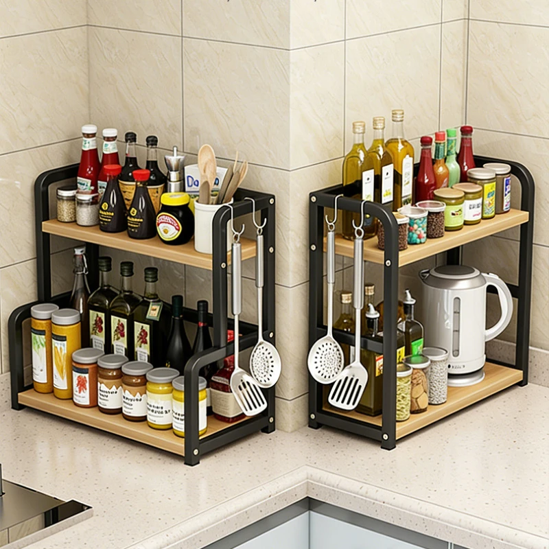 Multi Layer Metal Kitchen Storage Rack Floor Standing Spice Organizer Countertop Shelf for Kitchen Home Space Saving