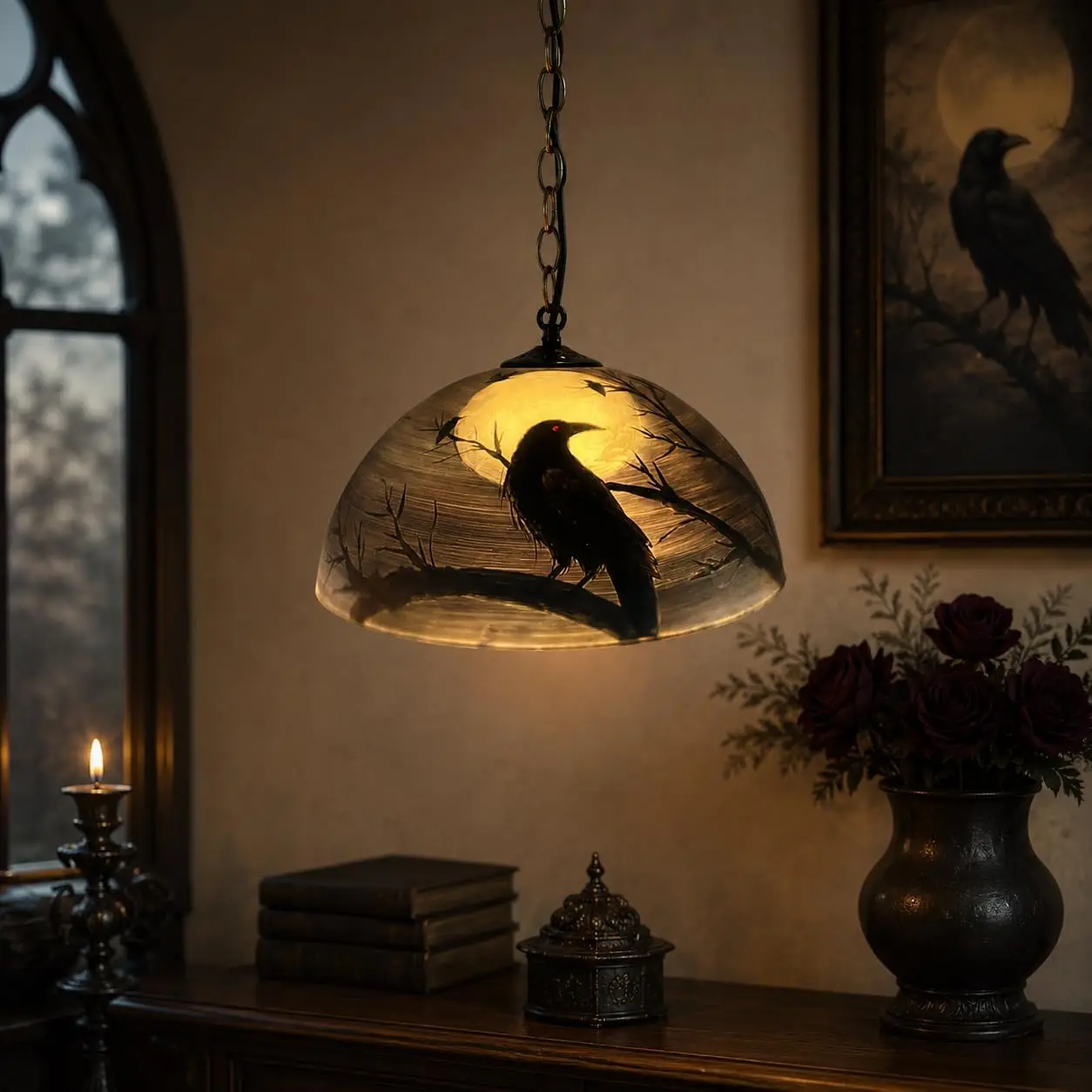 Hand Painted Glass Ceiling Pendant Light Raven Full Moon Night Scene Hanging Lamp Gothic Halloween Home Decor Dark Blue 14 Inch