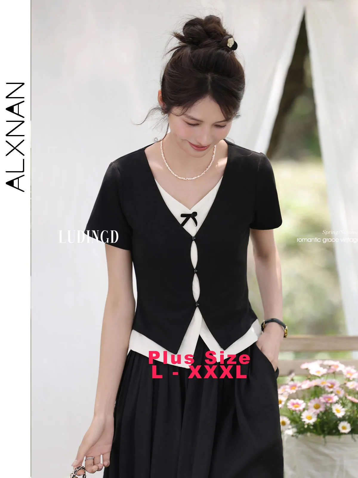 

ALXNAN Plus Size Black T-shirt V-neck Fake Two-piece Short Sleeve T-shirt 2025 Summer Elegant Slim-fit Casual Female Tops D10723