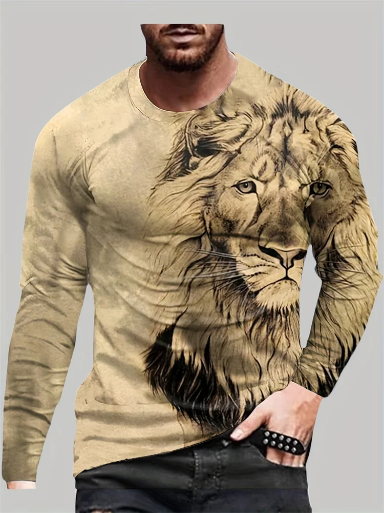 Camiseta de manga larga con estampado de cabeza de león en 3D para hombre, color caqui, diseño gráfico, estilo vintage y retro, retrato de animal, ideal para ropa urbana, camiseta informal, prenda de vestir, regalo.