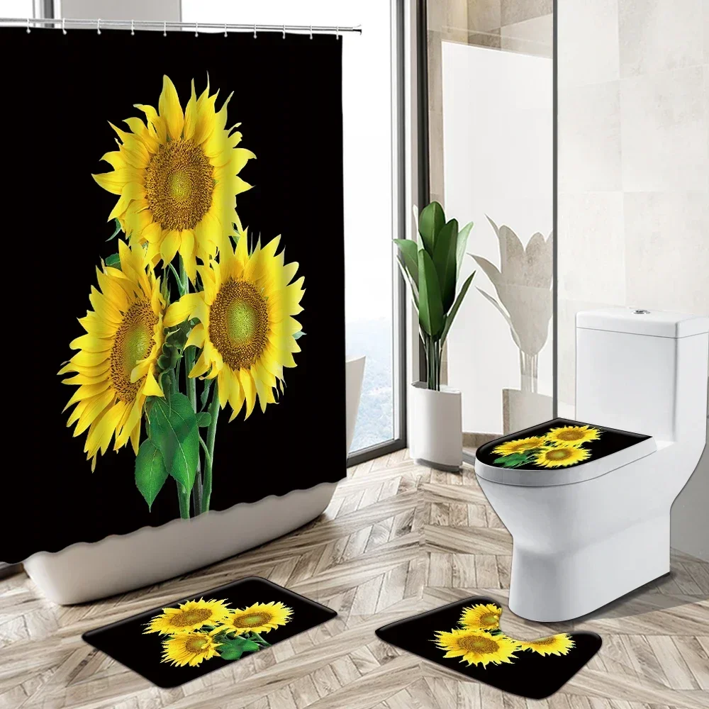 Sunflower Butterfly Printing Shower Curtain Waterproof Black Bathroom Curtains Summer Plant Flower Toilet Cover Mat Carpet Set