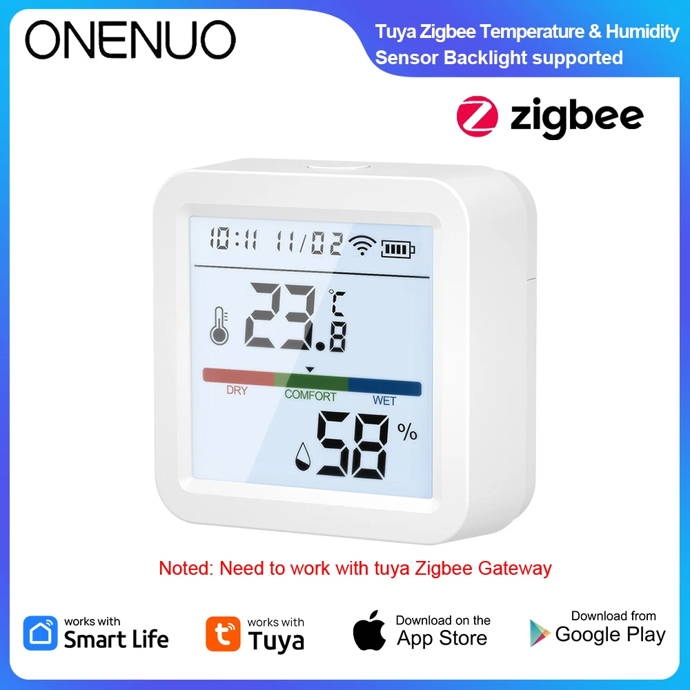 ONENUO Tuya Smart ZigbeeTemperature Humidity Sensor Backlight LCD Smart Home Linkage Alexa Google Voice Control