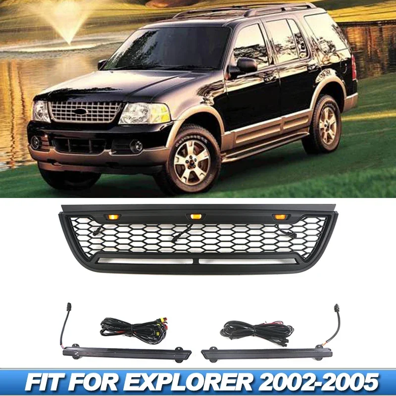 Parrilla para Ford Explorer 2002-2005 con luces LED, accesorios de decoración y modificación para la parrilla delantera del Explorer 2003.