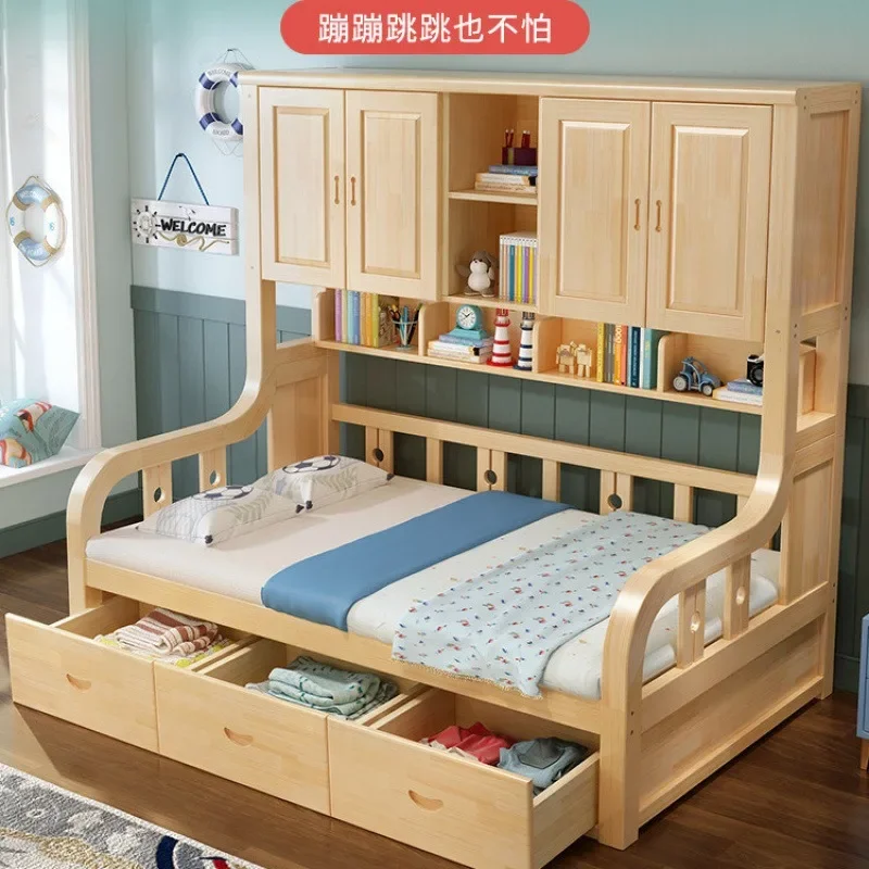 Wardrobe bed integrated small apartment with bookshelf bed cabinet combination  solid wood  tatami multi-functional stor