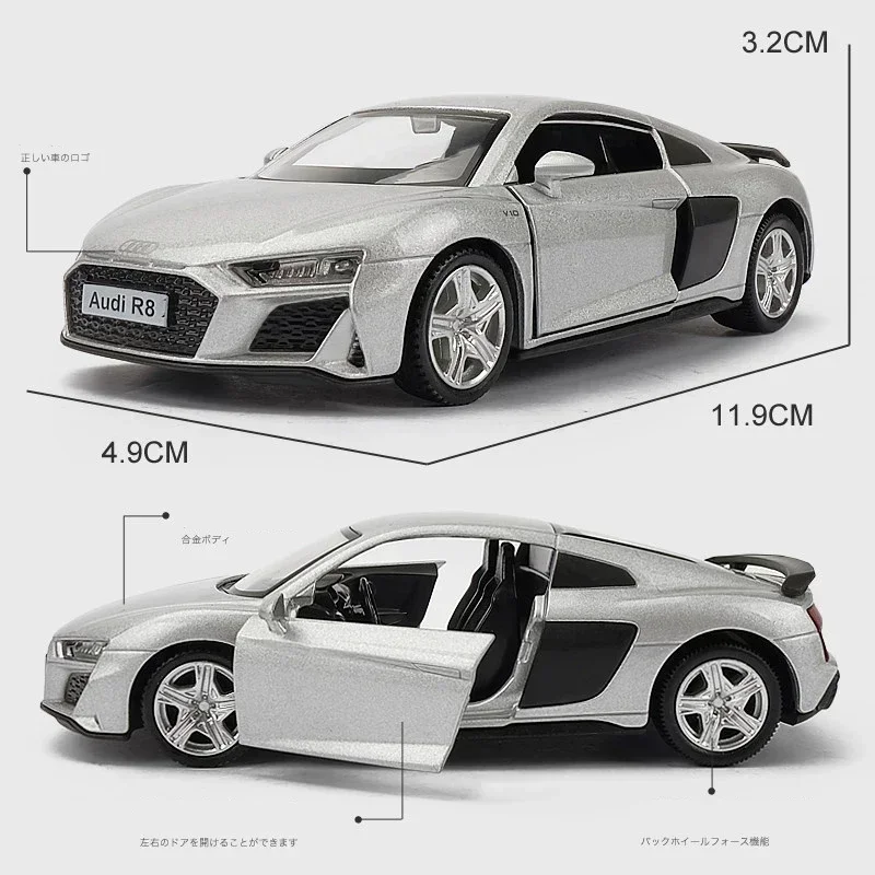 1:36 Audi R8 V10 Coupe Noire Metal Diecast Car Model Repilca Scale Miniature Collection Vehicle Hobby Kid Toy for Boy Xmas Gift