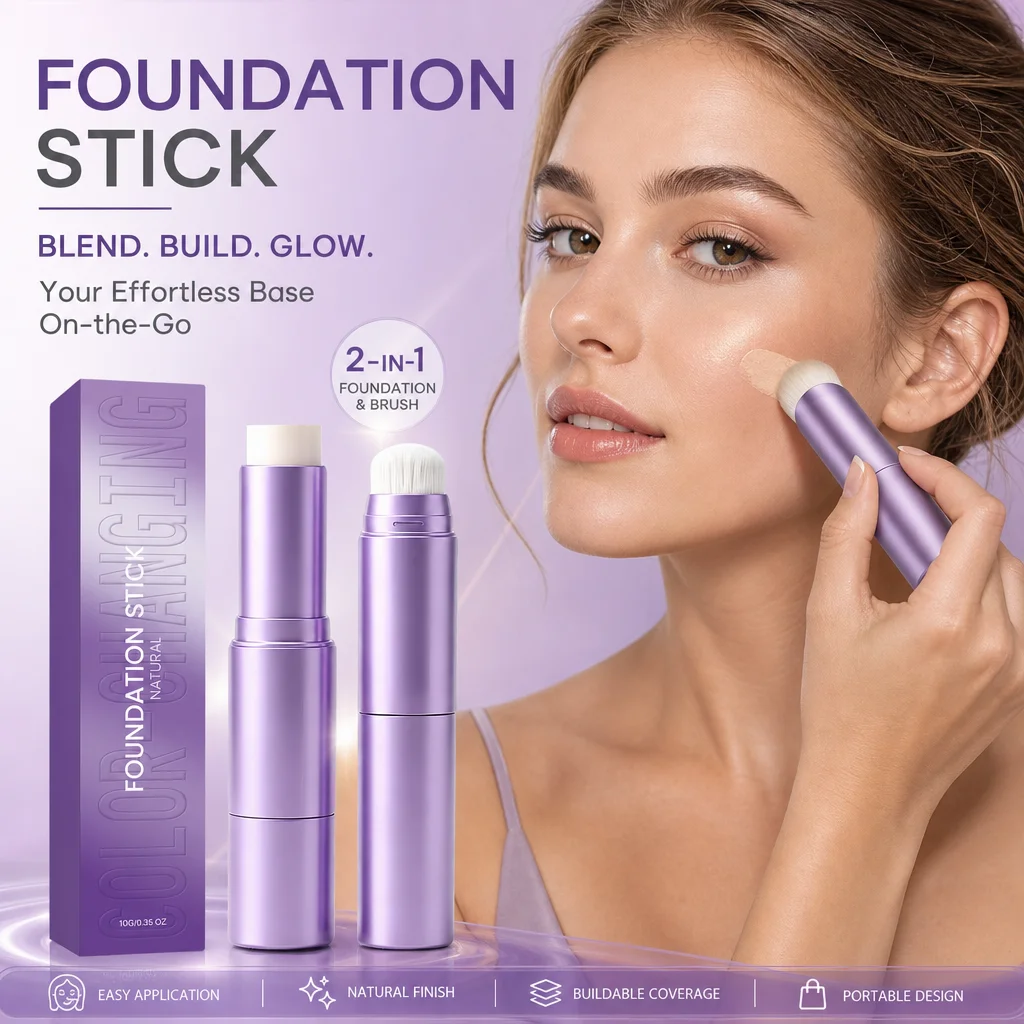 2 in 1 Color Changing Foundation Stick Built in Brush Hydrating Face Moisturizer Natural Skin Glow Three Colors All Skin Tones