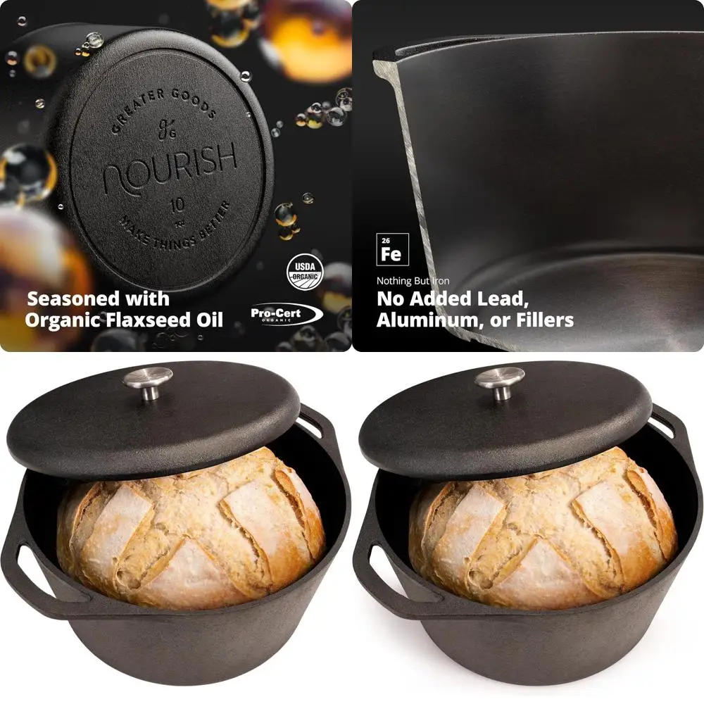 

5-Quart Cast Iron Dutch Oven Pot with Lid – Milled Smooth Cooking Surface, Organically Pre-Seasoned with Flaxseed Oil, Heavy-Dut