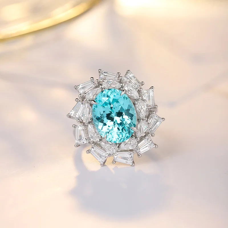 Luxury Design Lab Grown Paraiba Tourmaline 6.35ct Oval Shape Blue Color AGL Certified Gemstone Silver Ring For Women Jewelry