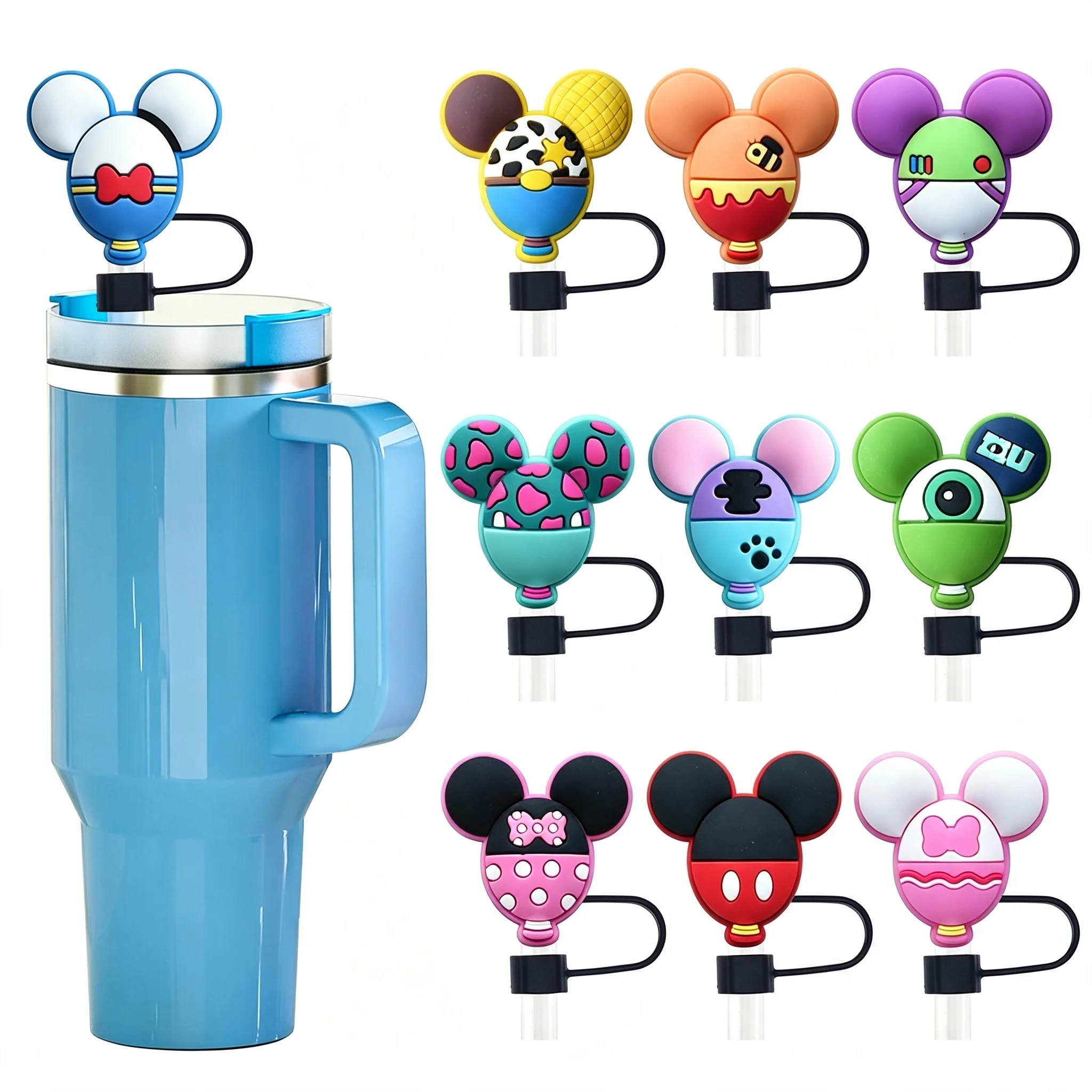 12Pcs Mesuca Cartoon Mouse Silicone Straw Topper, 10mm Dust Proof Straw Cover Cap With Lanyard, Reusable Drinking Straw Plug Accessories For 40oz Tumbler Cup, Party Birthday Gift Supplies