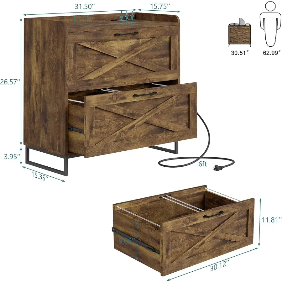 2 Drawer Lateral File Cabinet, Filing Cabinet with Charging Station for Letter/Legal/A4 Size Hanging Files, Modern Farmhouse Fi