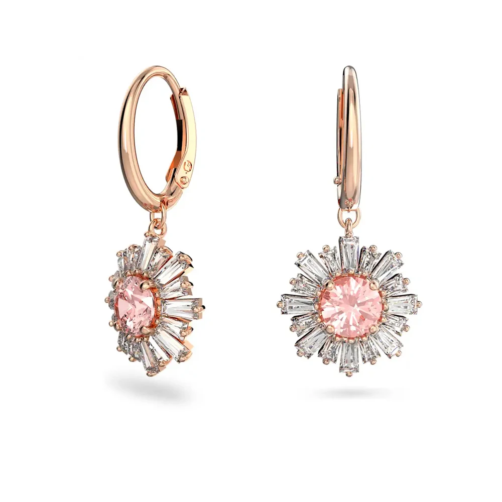 

Серьги-подвески в цвете розового золота с эффектом солнечных лучей – розовые и прозрачные кристаллы