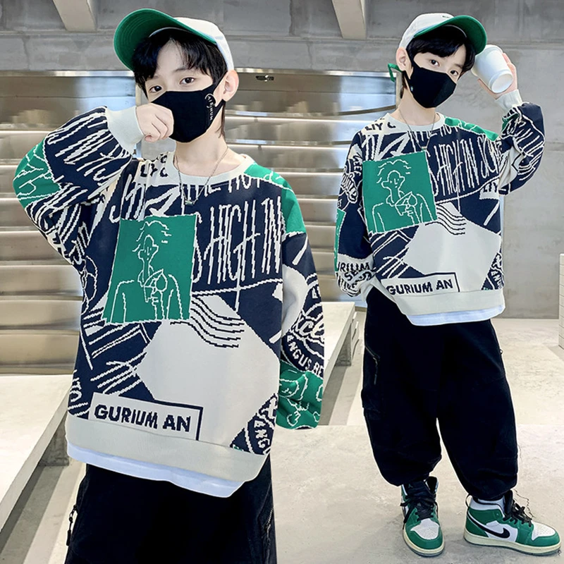 New Letter Print Boy Sweatshirts Children Long Sleeves Tee Top Kids Cool T-Shirt Teen Green Clothes 5 6 7 8 9 10 11 12 13 14Yrs