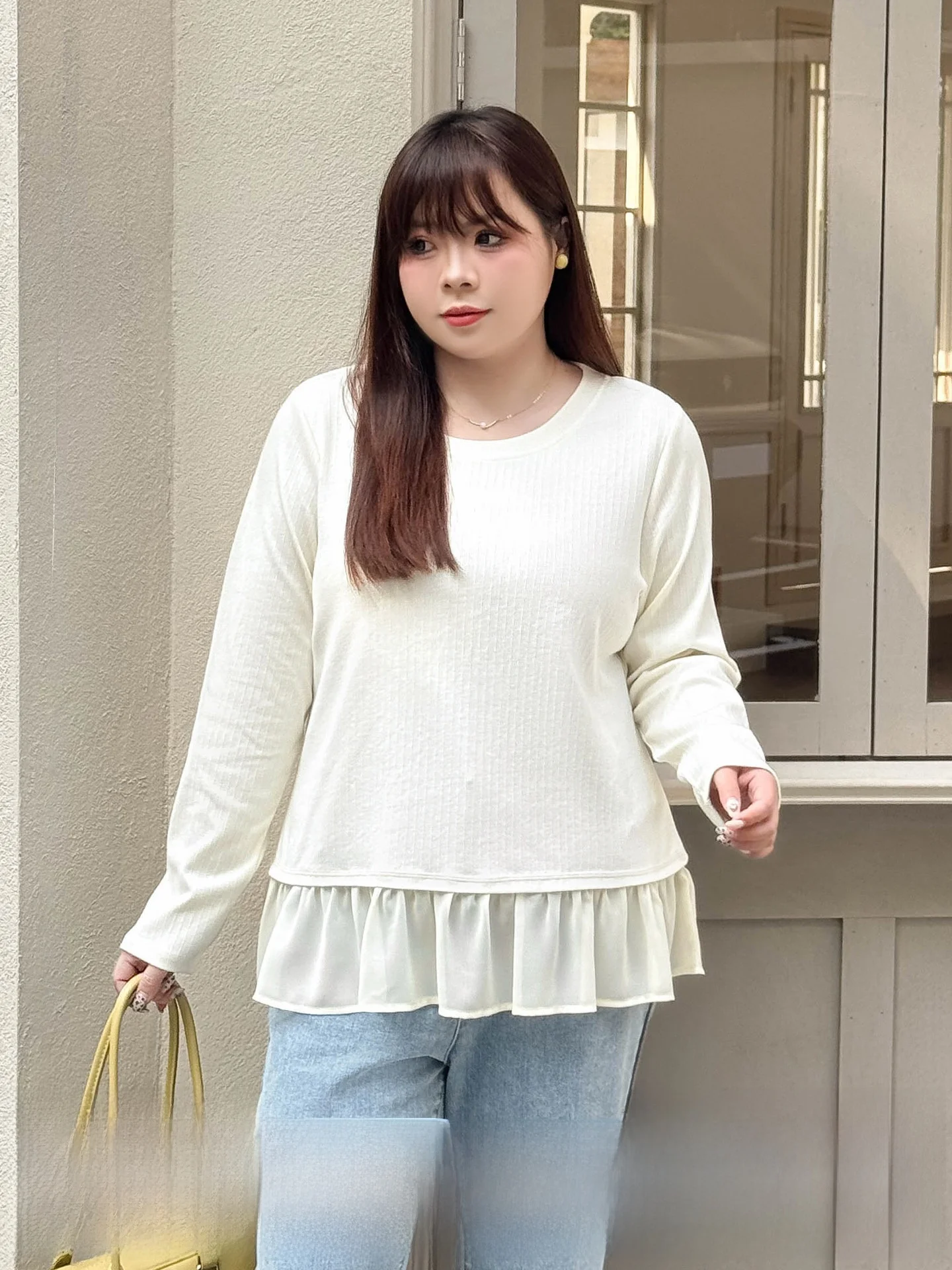 

plus Size Women's Knitted Long Sve round Ne Base irt Spring Season Meat Concealment Flounce Casual Loose Fit Breathabl...