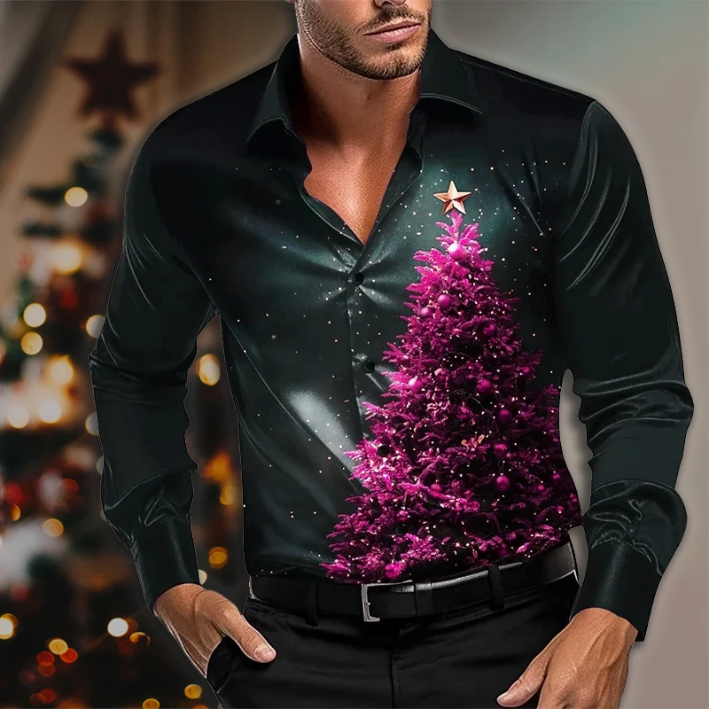 Christmas men's shirt high -definition print Christmas tree long -sleeved shirt daily holiday men's clothing large size top