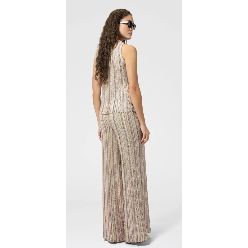 Bohemian Metallic Color Pants Set for Women Round Neck Sleeveless Slim Top + Straight Leg 2-Piece Elegant Evening Dress