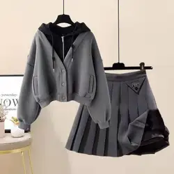 Large Size Women Spring and Autumn Season Set Women New Slimming Fake Two Piece Jacket Age Reducing Pleated Skirt Two Piece Set