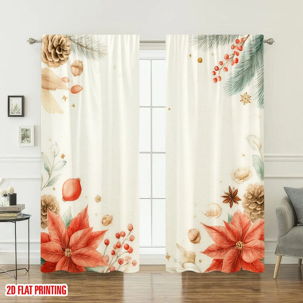 2 قطعة 2D الطباعة المسطحة عيد ميلاد سعيد الستائر عيد الميلاد البونسيتة ستار اليانسون كوز الصنوبر الرقمية المطبوعة البوليستر الستائر الطرف #6