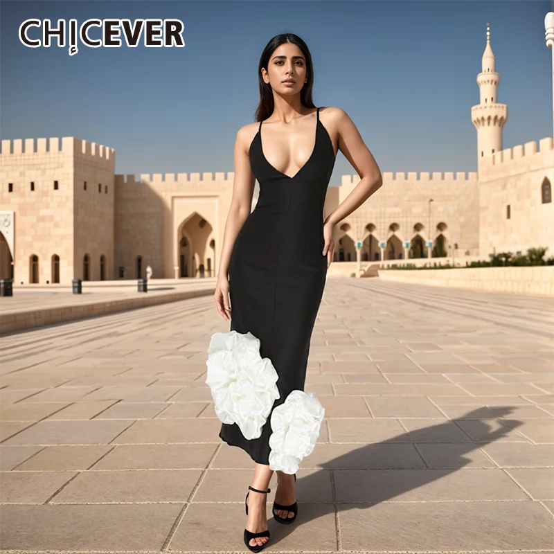 

CHICEVER Spliced Appliques Slim Dress Foe Women V Neck Sleeveless High Waist Colorblock Sexy Summer Long Dresses Female Clothes