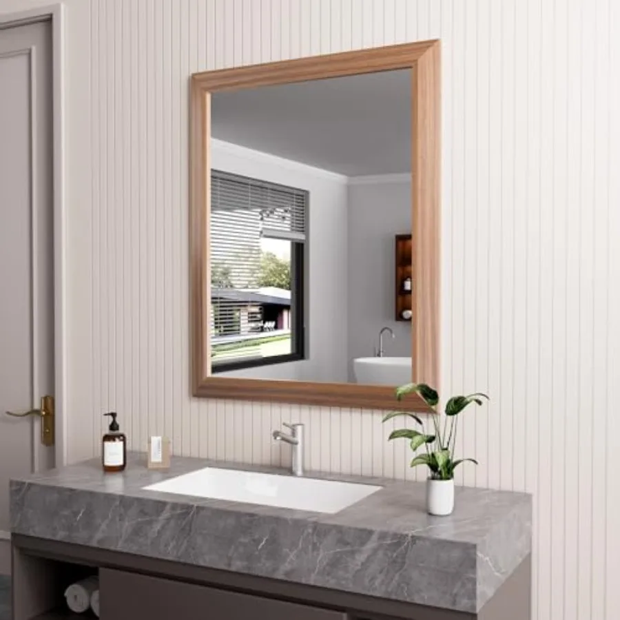 

Bathroom Mirror, 24x30 Inch Wall Mirror, Wood Grain Metal Framed, Anti-Rust, Hang Horizontally/Vertically, Suitable for Bedroom