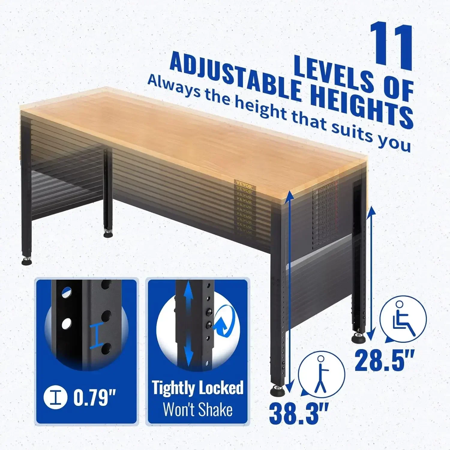 Bancada de altura ajustável, mesa de garagem com capacidade 2000 LBS, Tomadas, 28,5-38,3 "Heights, 72" x 25 "W