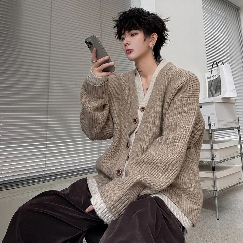 LUZHEN 2026 Winter Fake Two Piece Design Elegant Handsome Loose Knitted Cardigan Men Fashion High Quality Casual Sweater JY9205