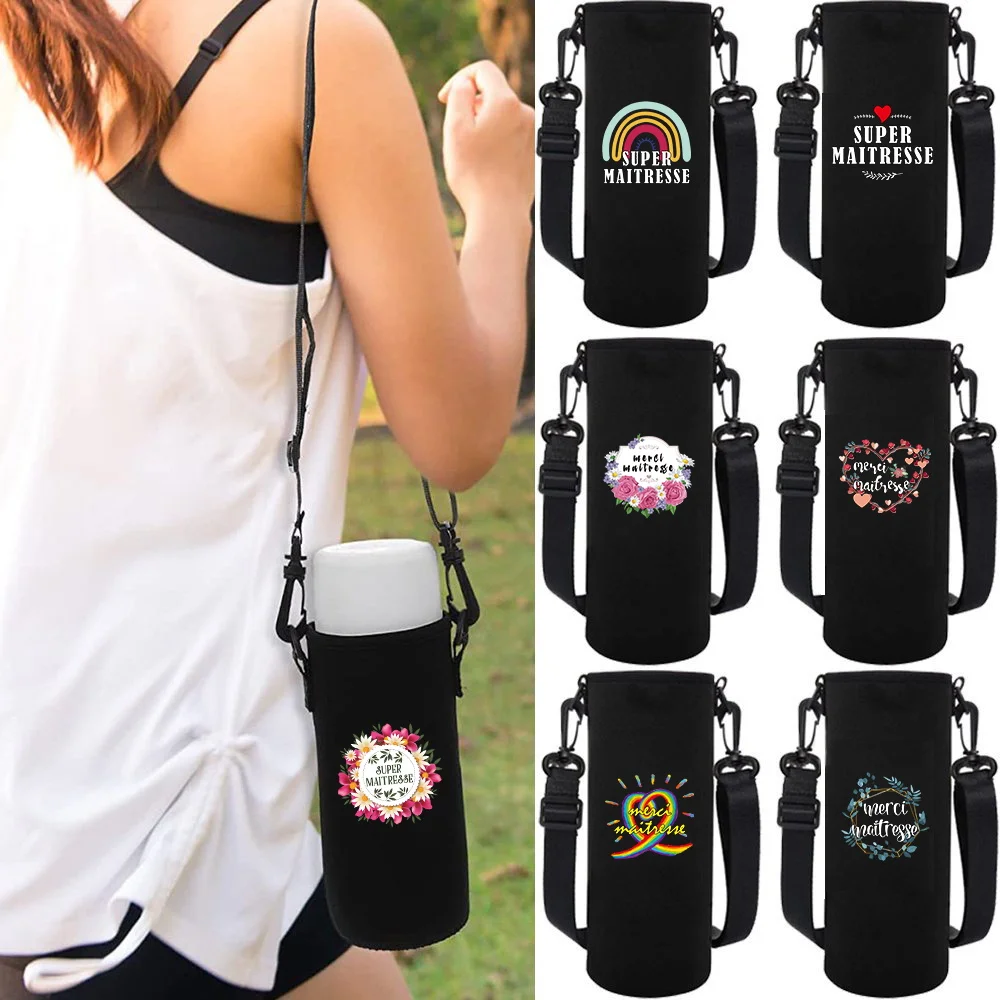 Water Bottle Sleeve Adjustable Strap,  Maitresse Print Portable Insulated Water Cup Sleeve for 550-1500ML Sports Bottles Case