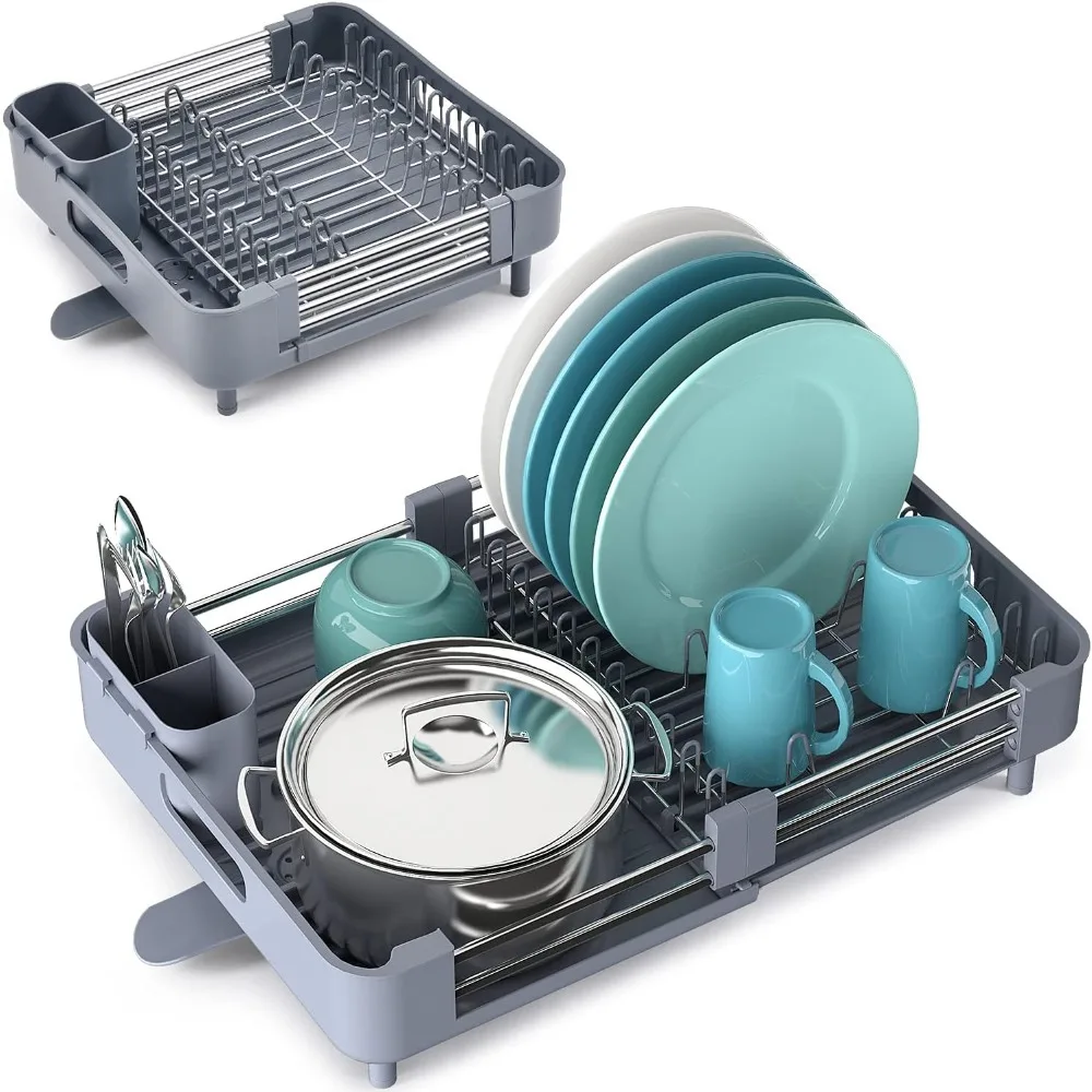 

Extendable Dish Rack, Dual Part Dish Drainers with Non-Scratch and Movable Cutlery Drainer and Drainage Spout