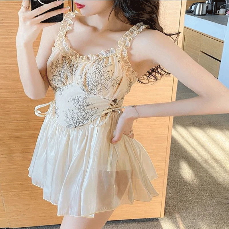 Korean Version Floral Conservative Sling Slimming Sexy Casual Women\'s Clothing Summer Sleeveless Swimwears With Chest Pad Tassel