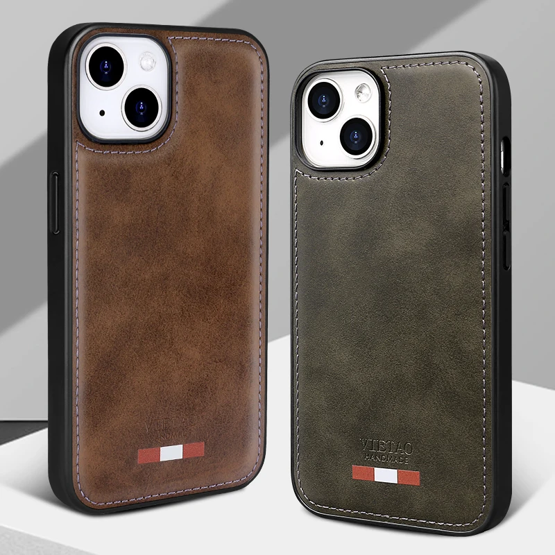 

VIETAO Luxury Retro Leather Phone Case for iPhone 13 Pro Max 11 XR 12 13 Pro 14 Plus Shockproof Soft TPU Edge Protective Cover