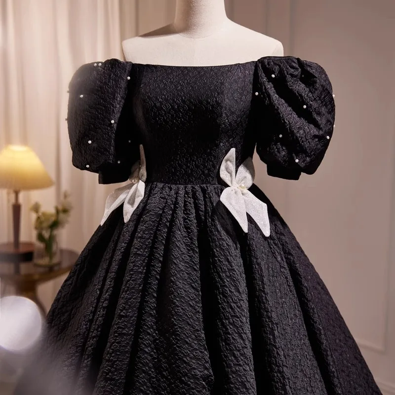 2024 Child Vintage Black Girl Princess Long Dress Luxury Kid Evening Dresses Elegant Off Shoulder Youth Girls High-End Ball Gown