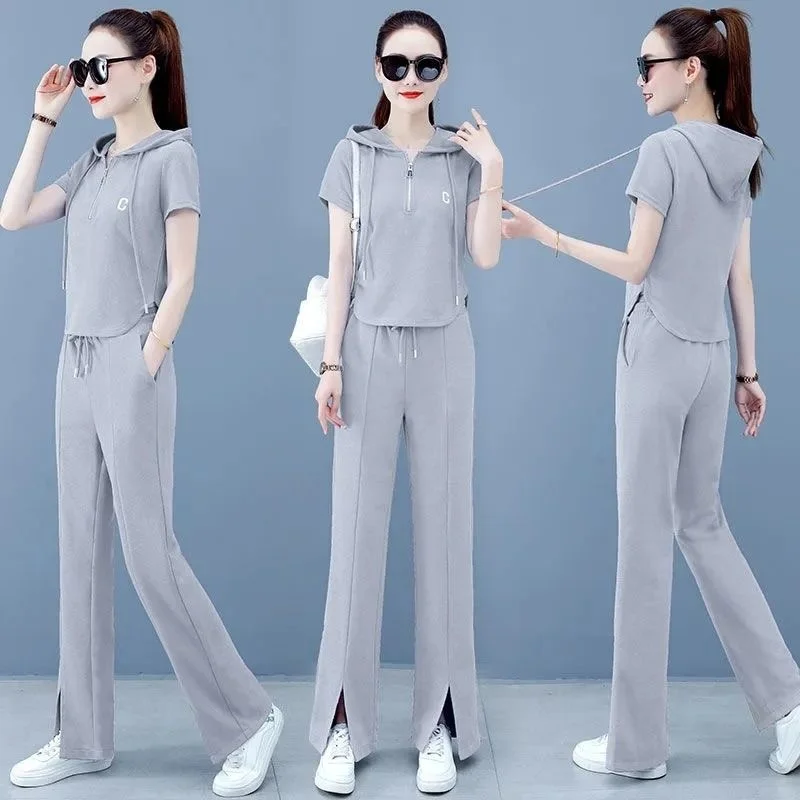 Women\'s Fashion Sweat Suits 2022 Summer New Clothes Hooded Short Sleeve Top Slim Split Pants 2 Two Piece Set Tracksuit For Women