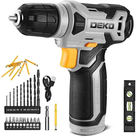 DEKO 8V Cordless Drill Set Mini Power Driver with 3/8"Keyless Chuck 42pcs Acessories Built-in LED Power Drill for Drilling