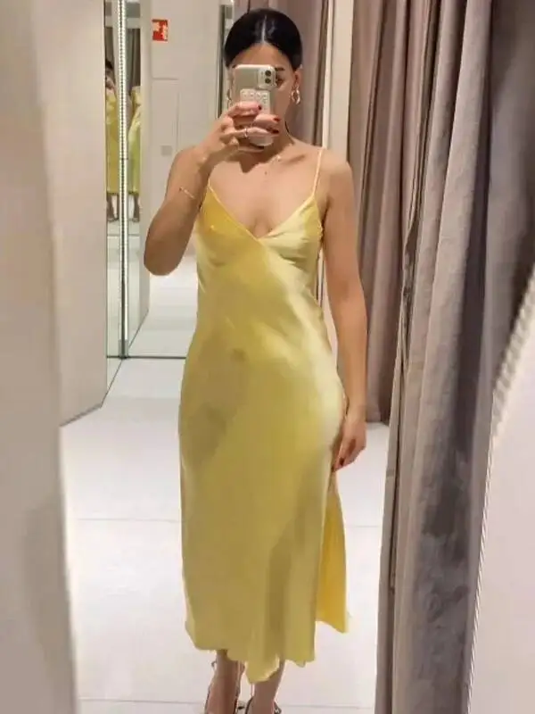 Womens gele onderjurk zomer vrouw satijn v-hals feestjurken elegante avond mouwloze backless lange vestidos