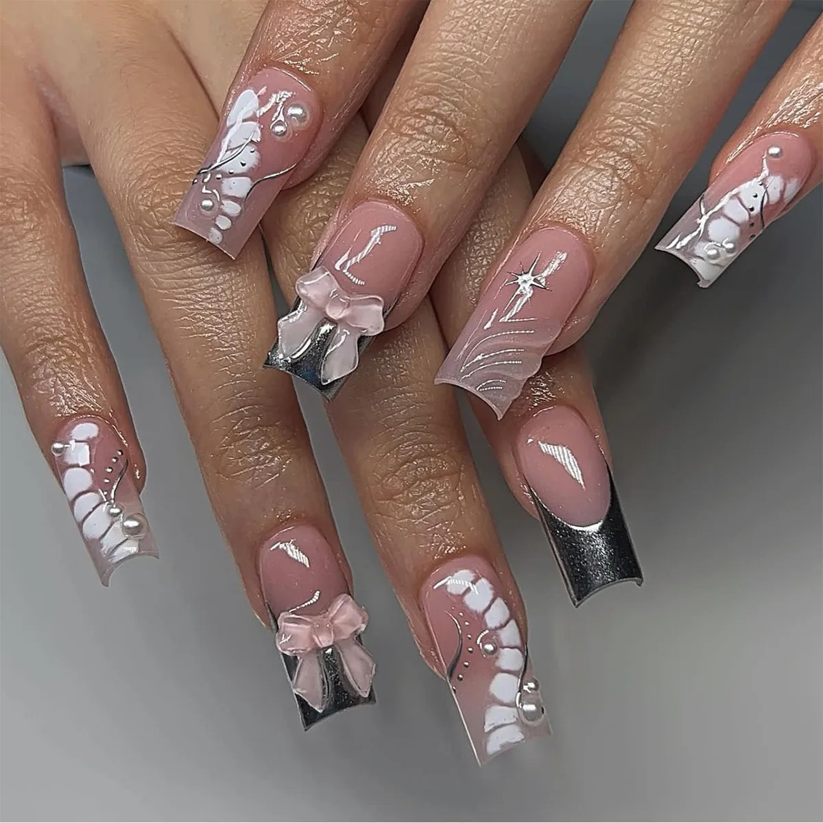 3D Bowknot Water Ripple Silver French Nail Art Nude Pink False Nails Detachable Finished Fake Nails Press on Nails with Glue