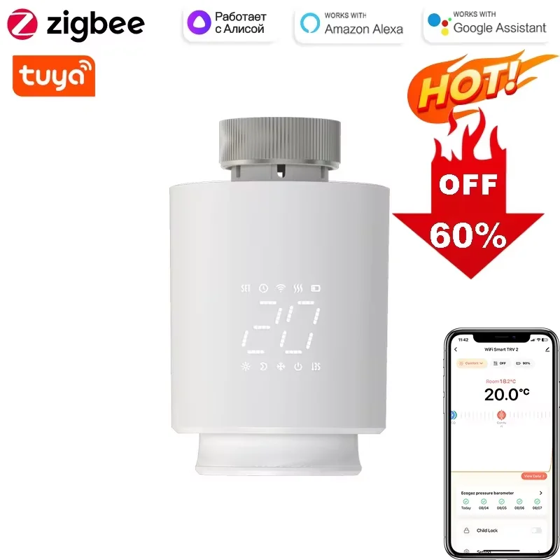 Smart Thermostat TRV Radiator Valve Zigbee/WiFi Tuya Actuator Head Remote Temperature Controller Voice Control Alexa Google Home