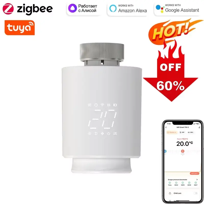 Smart Thermostat TRV Radiator Valve Zigbee/WiFi Tuya Actuator Head Remote Temperature Controller Voice Control Alexa Google Home