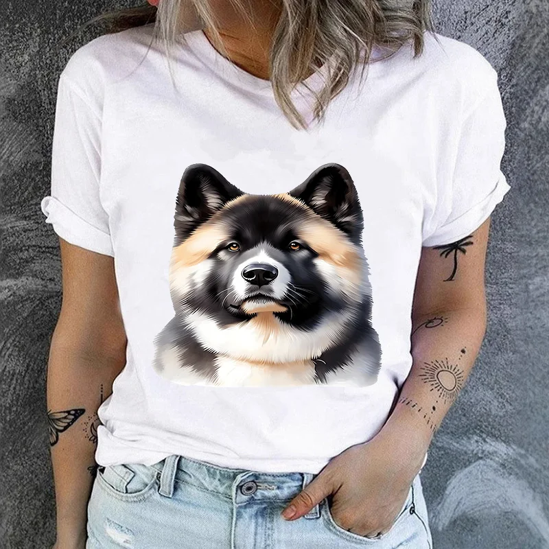Realistic Akita Dog Portrait Graphic T Shirt Women Cute Fluffy Japanese Akita Puppy Print Short Sleeve Tee Gift For Dog Lovers
