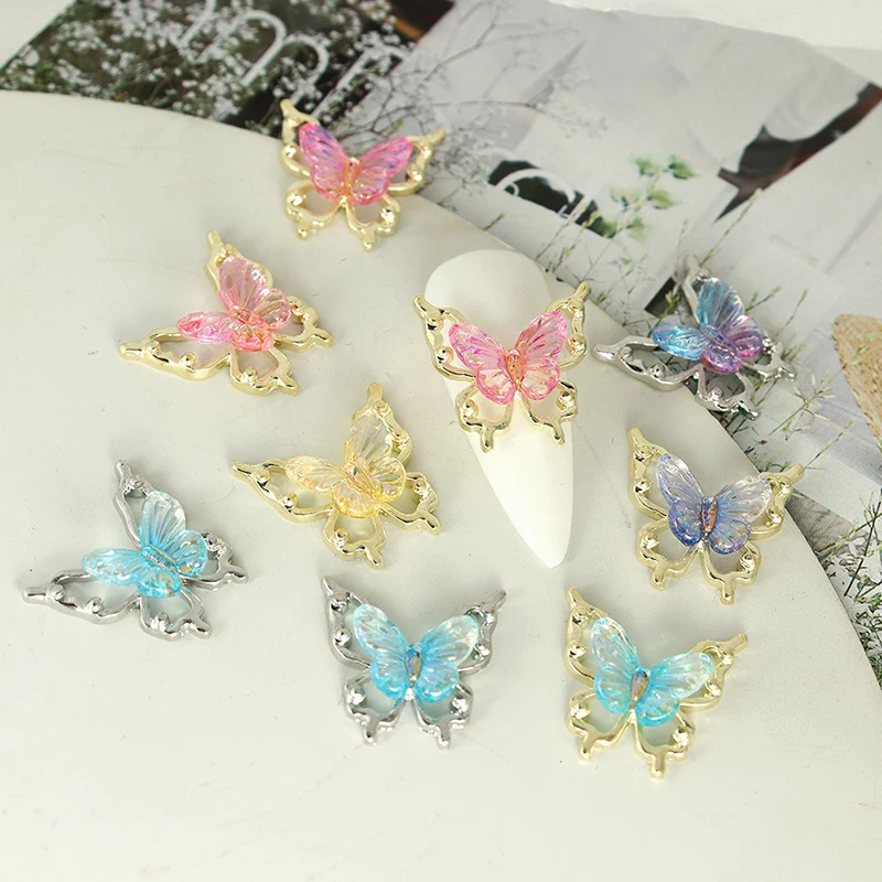 10 個グリッターネイルチャーム蝶 3d 合金カラフルなグラデーション蝶ネイルアートデコレーションネイルアクセサリー用品