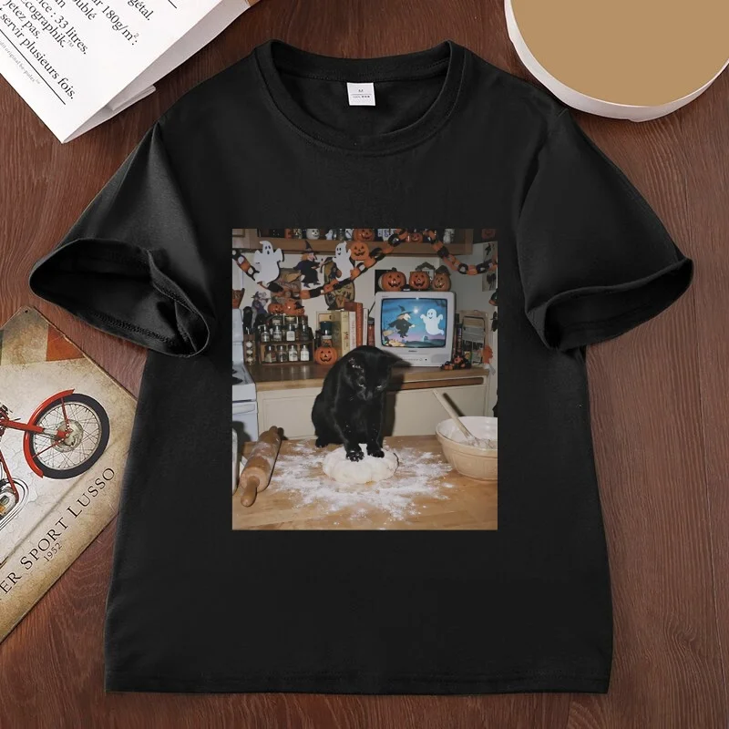 Halloween Black Cat T Shirt Pumpkin Cat Cooking T-shirt Funny Ghost Mothers Day Gifts Trendy Short Sleeve Round Neck Tees