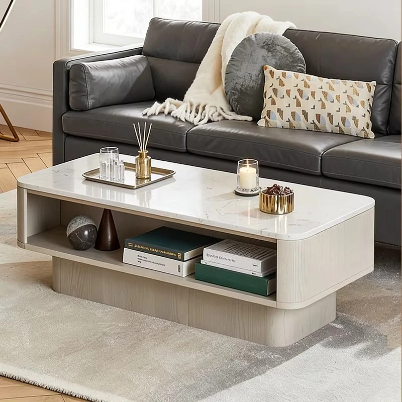 

#Coffee Table With Natural Marble Top And Plywood Base Light Wood Grain And High-Gloss Stone