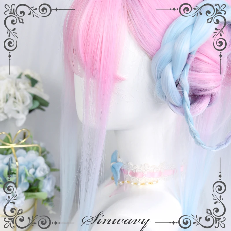 Słodka dziewczęca peruka lolita oryginalna różowo-niebieska gradientowa proste włosy słodkie sztuczne włosy